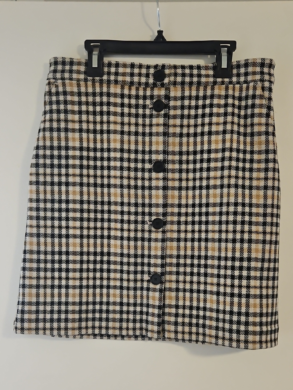 LOFT Black and Tan Plaid Button-Front Mini Skirt With POCKETS!